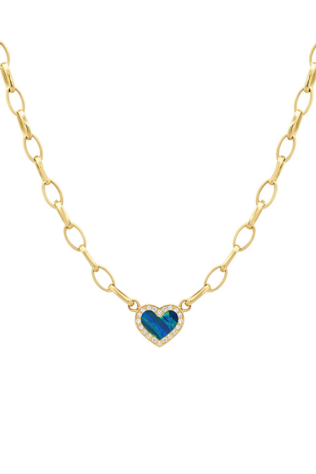 JENNIFER MEYER | SMALL EDITH LINK NECKLACE WITH OPAL INLAY HEART WITH DIAMONDS