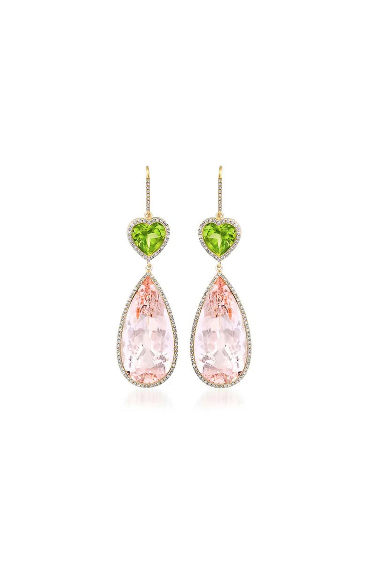 JENNIFER MEYER | ONE-OF-A-KIND PERIDOT HEART AND MORGANITE TEARDROP EARRINGS
