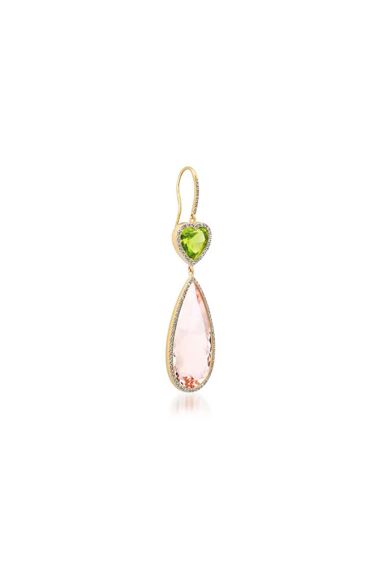 JENNIFER MEYER | ONE-OF-A-KIND PERIDOT HEART AND MORGANITE TEARDROP EARRINGS