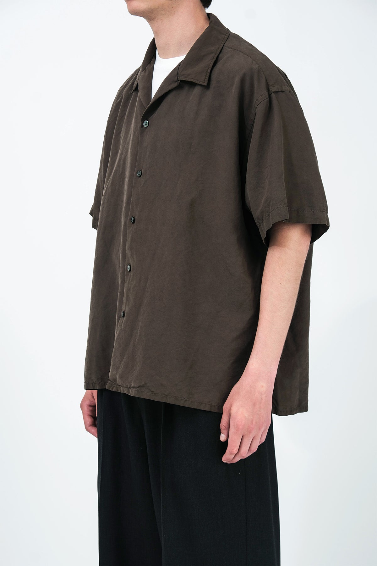 A.PRESSE | NATURAL DYED SILK SHORT SLEEVE OPEN COLLAR SHIRT