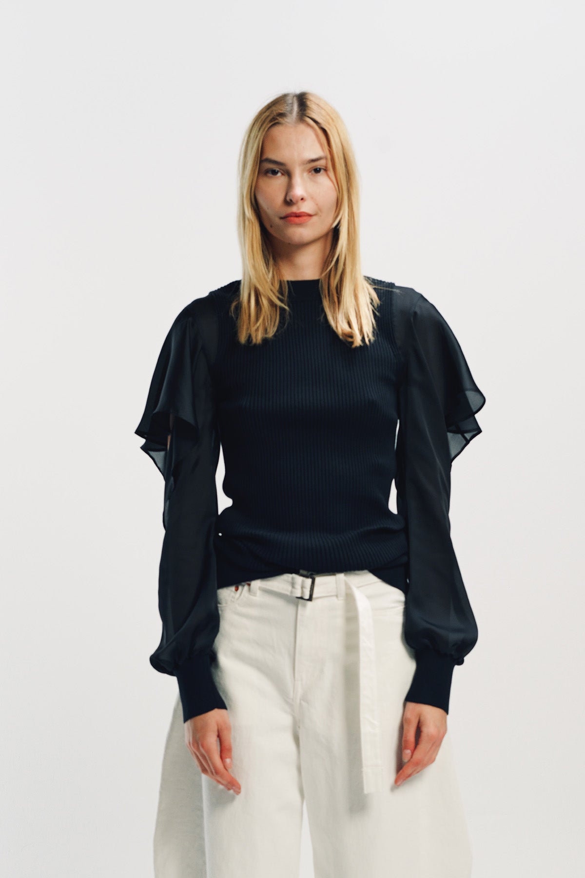 SACAI | CHALK STRIPE & WOOL MELTON SKIRT