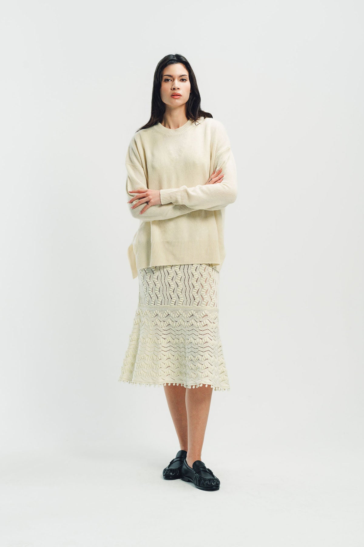 極美品 JIL SANDER ハラコ カシミヤ混 カーフレザー 切替 ニット JIL SANDER | CROCHET FLOWER POLO
