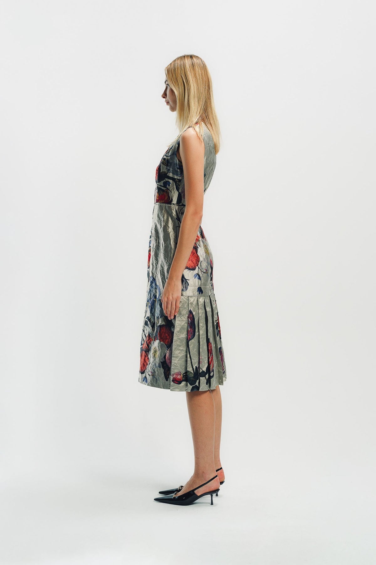 ERDEM | FLORAL PRINT TEXTURED SATIN SLEEVELESS MIDI DRESS