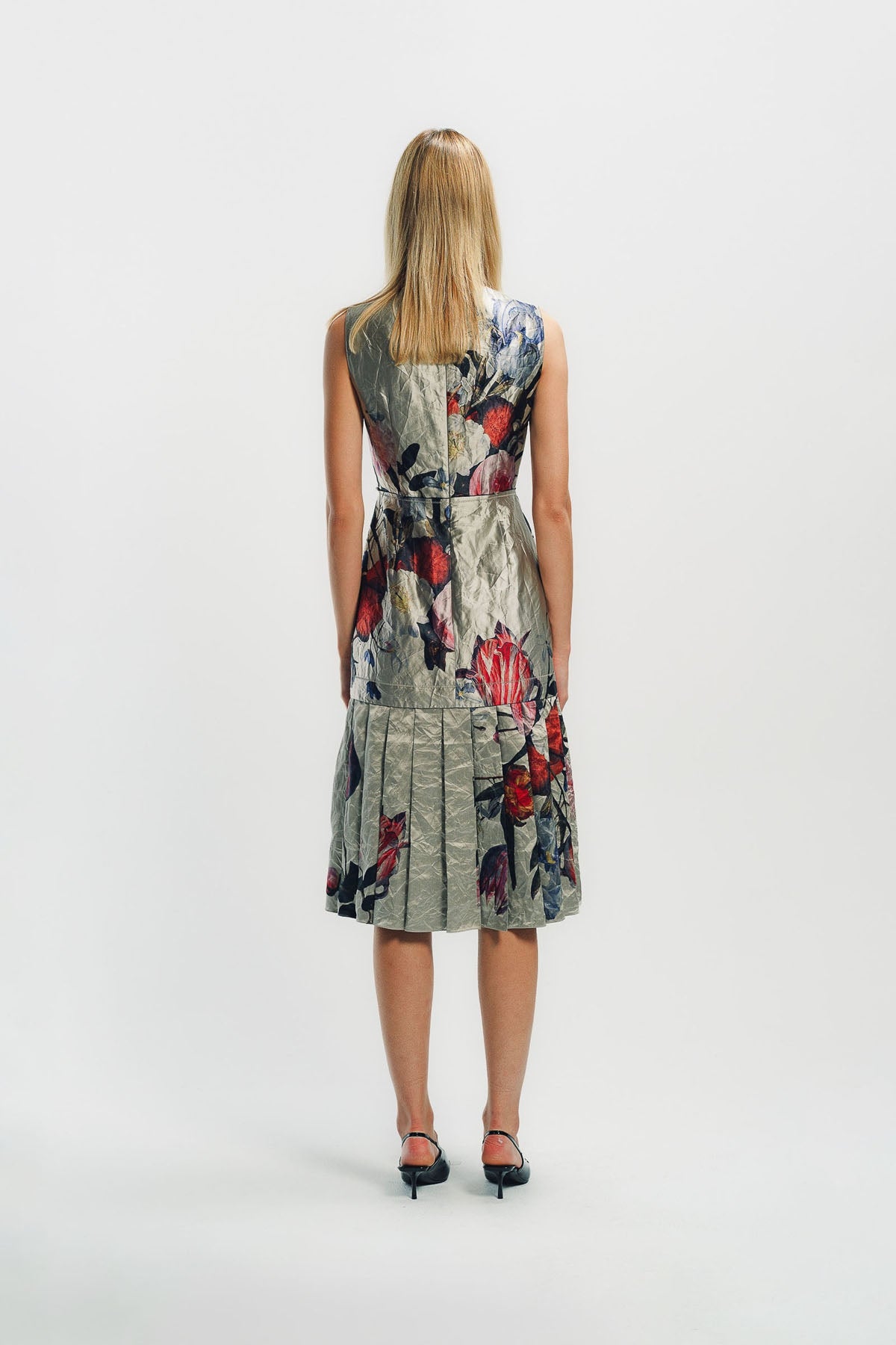 ERDEM | FLORAL PRINT TEXTURED SATIN SLEEVELESS MIDI DRESS
