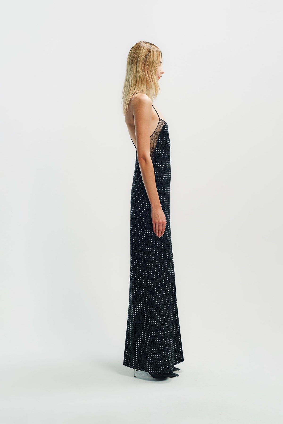 TOM FORD | POLKA DOT SILK CREPE CAMISOLE EVENING DRESS WITH LACE DETAIL