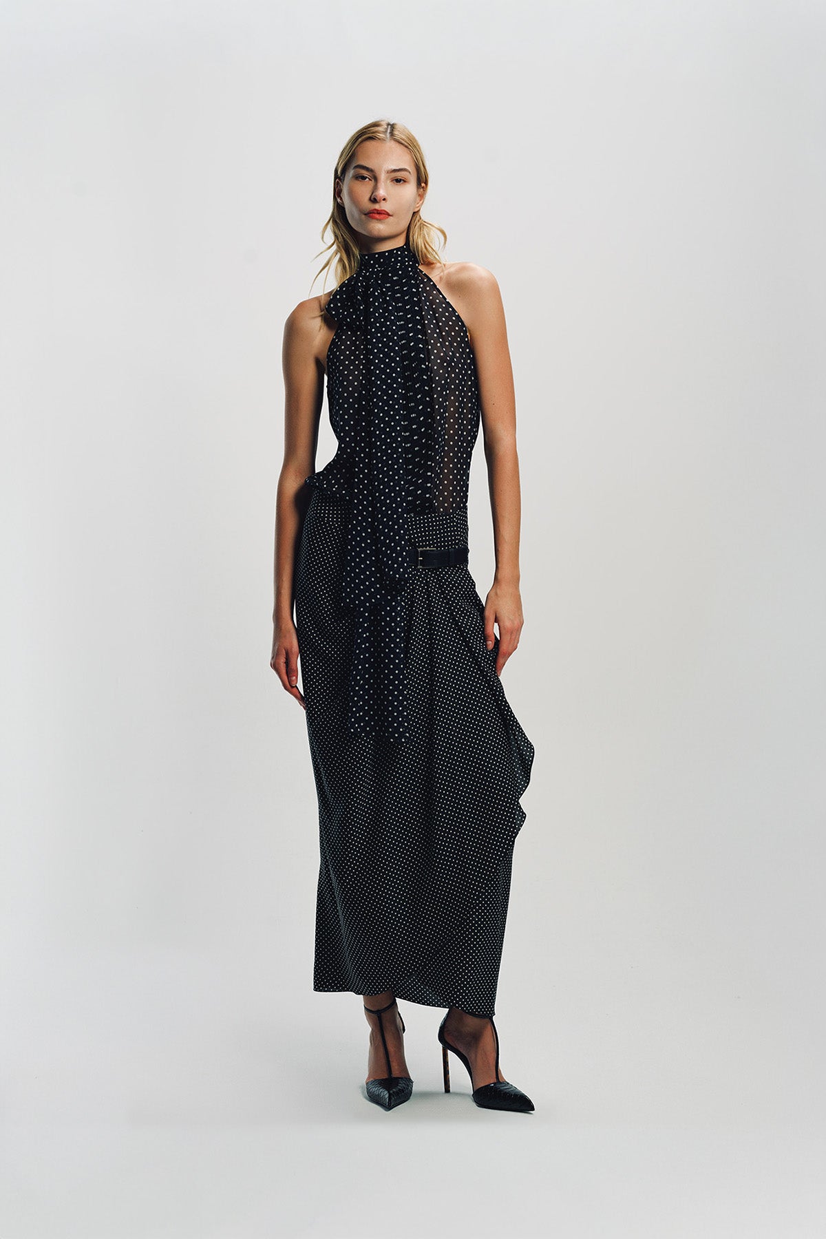 TOM FORD | POLKA DOT SILK GEORGETTE HALTERNECK LAVALLIERE TOP WITH PLISSE DETAIL