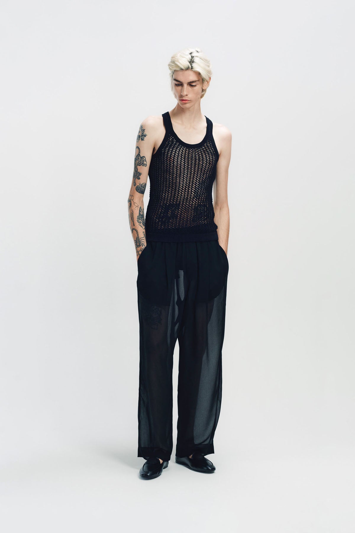 LOUIS GABRIEL NOUCHI | LARGE TRANSPARENT BLACK CHIFFON JOGGERS