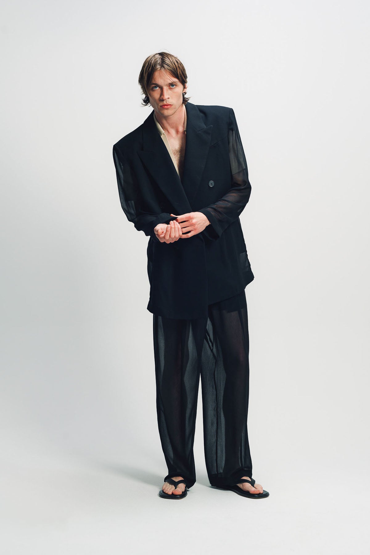 LOUIS GABRIEL NOUCHI | BLACK SHEER FOUR-BUTTON DOUBLE-BREASTED JACKET