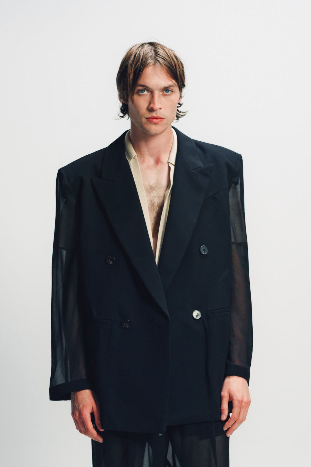 LOUIS GABRIEL NOUCHI | BLACK SHEER FOUR-BUTTON DOUBLE-BREASTED JACKET