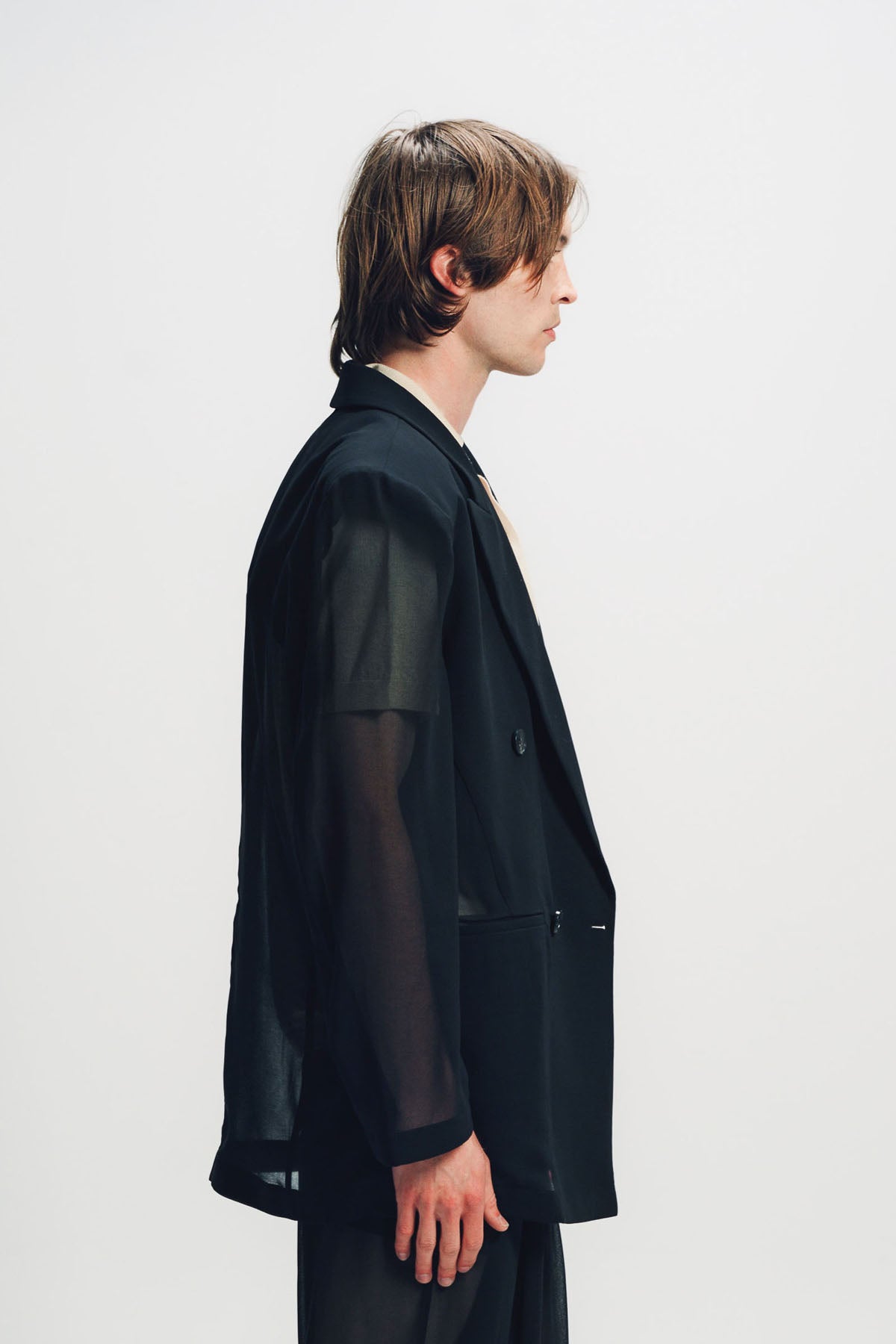 LOUIS GABRIEL NOUCHI | BLACK SHEER FOUR-BUTTON DOUBLE-BREASTED JACKET