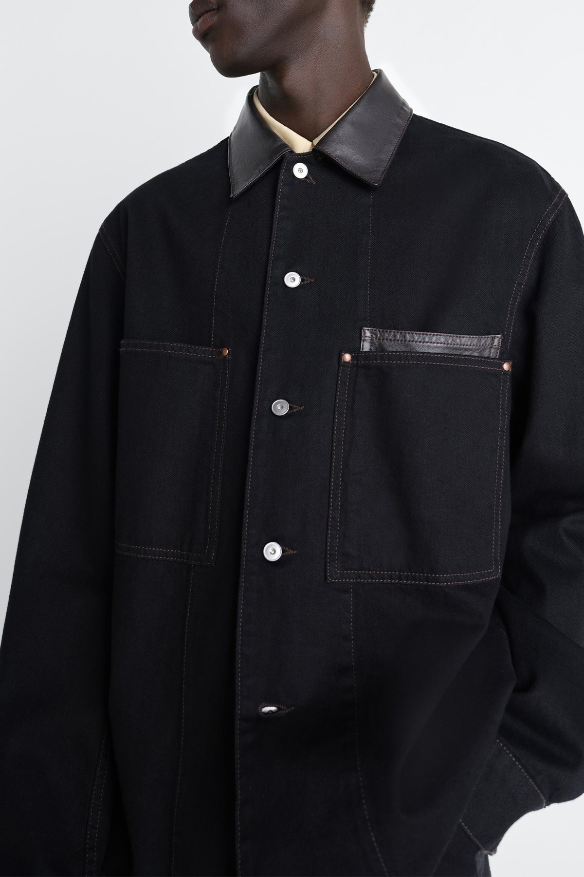 LEMAIRE | WORKWEAR OVERSHIRT WITH LEATHER COLLAR