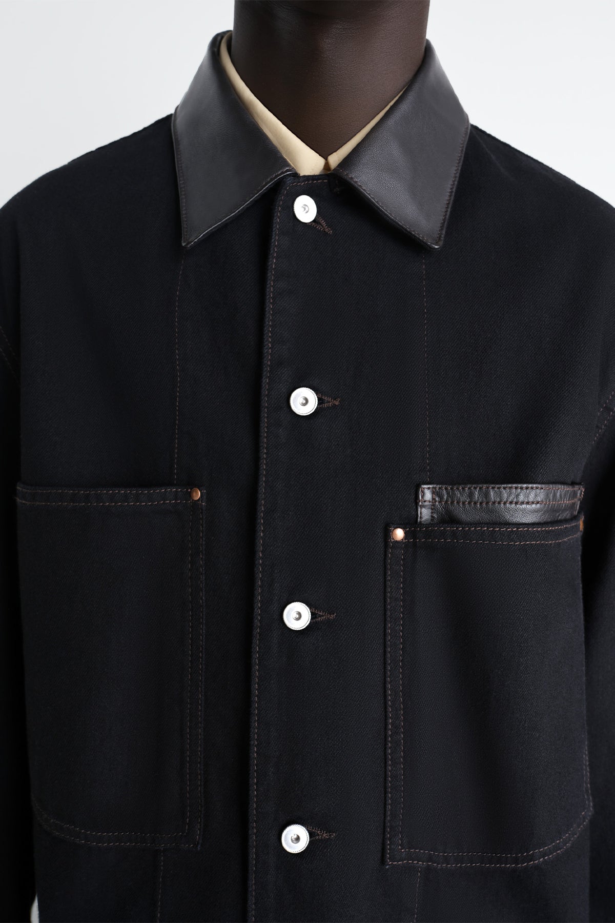 LEMAIRE | WORKWEAR OVERSHIRT WITH LEATHER COLLAR