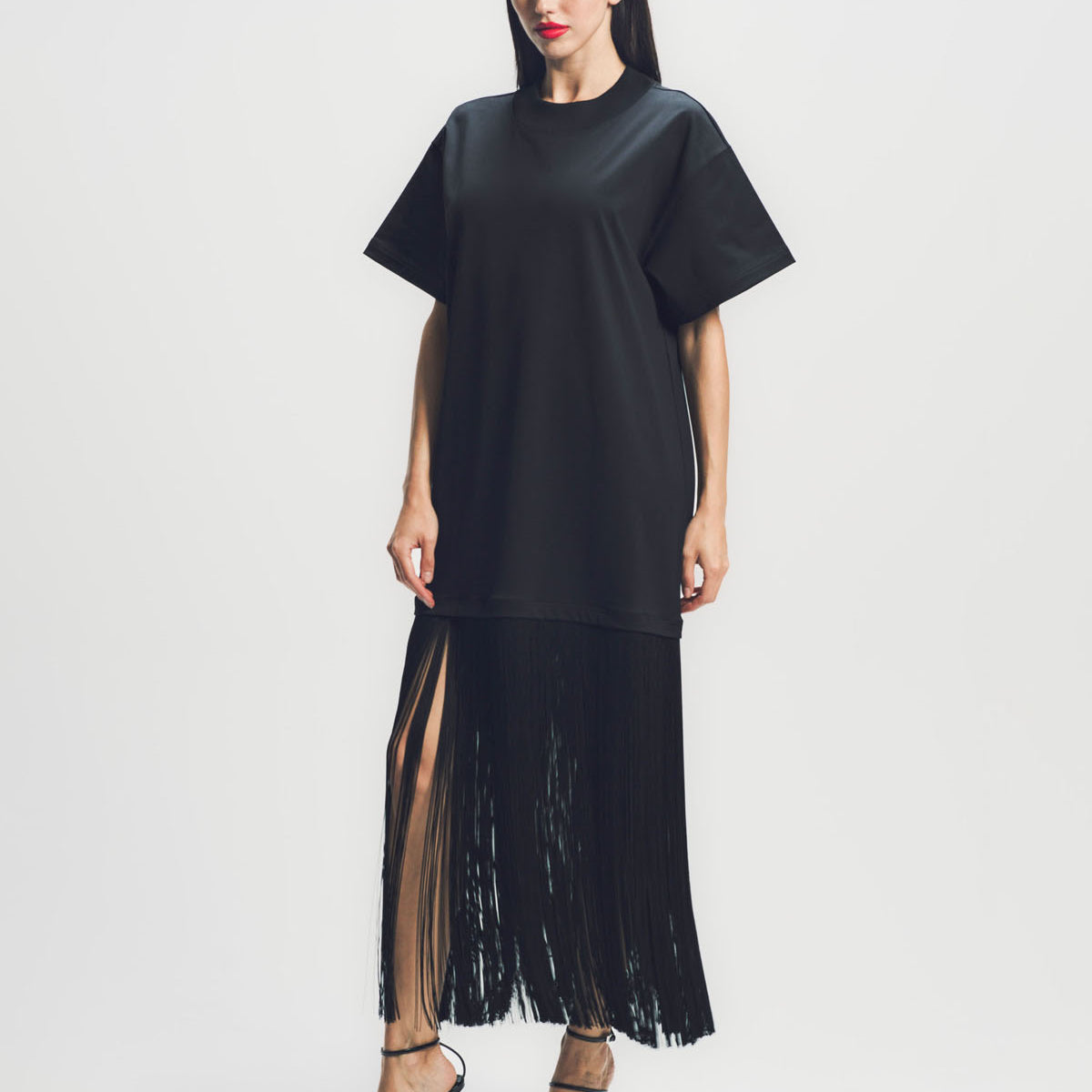 fringed t shirt dress Colleen Lopez Knit Everywhere T-Shirt Dress with Fringe Hem - Black