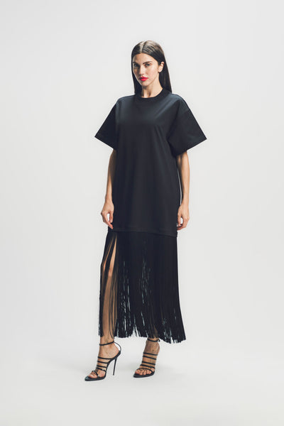ALAÏA | Black Cotton jersey T-shirt-style Fringed dress | Women