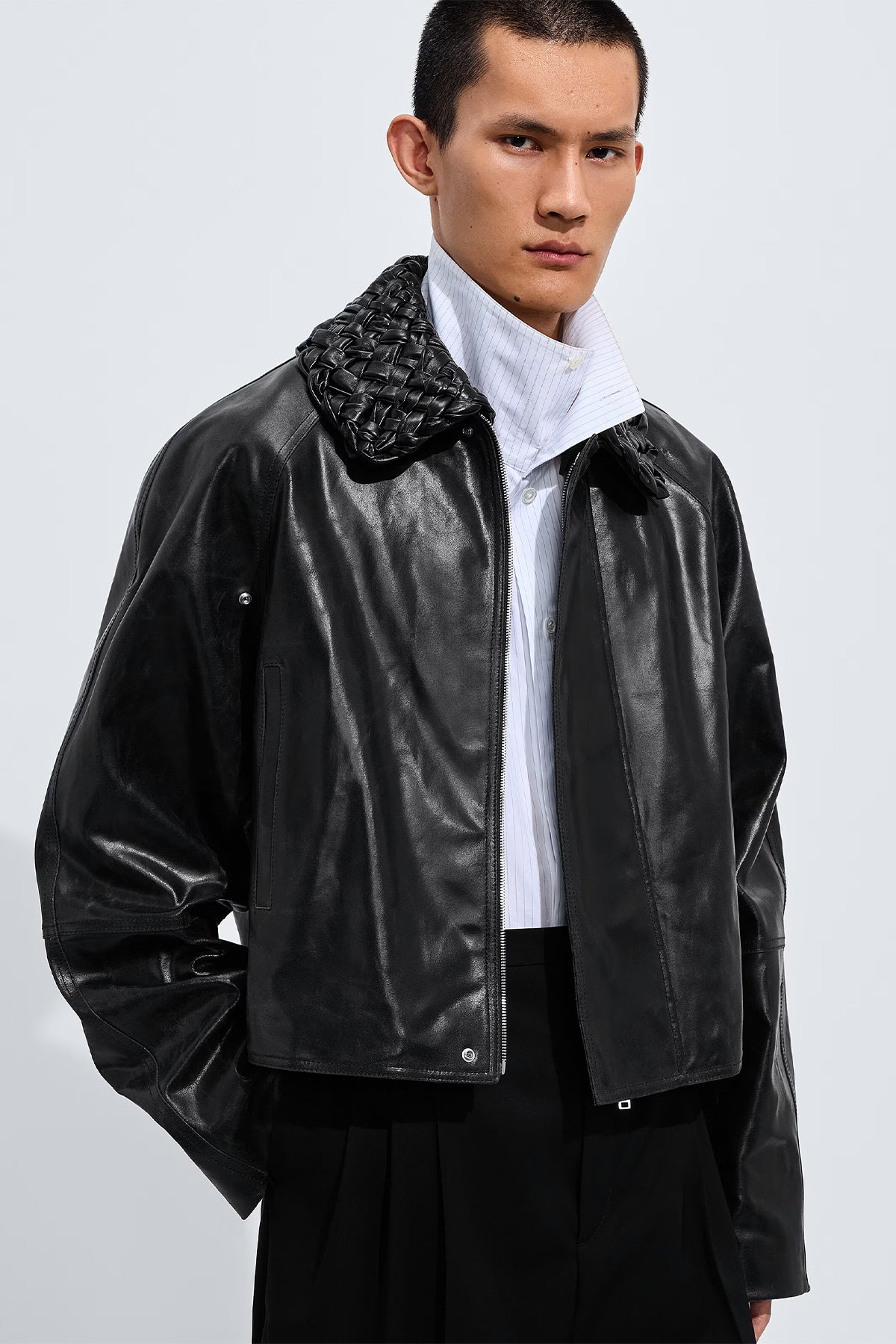 Bottega Veneta クロップドジャケット ブラック BOTTEGA VENETA | CRACKED LEATHER JACKET