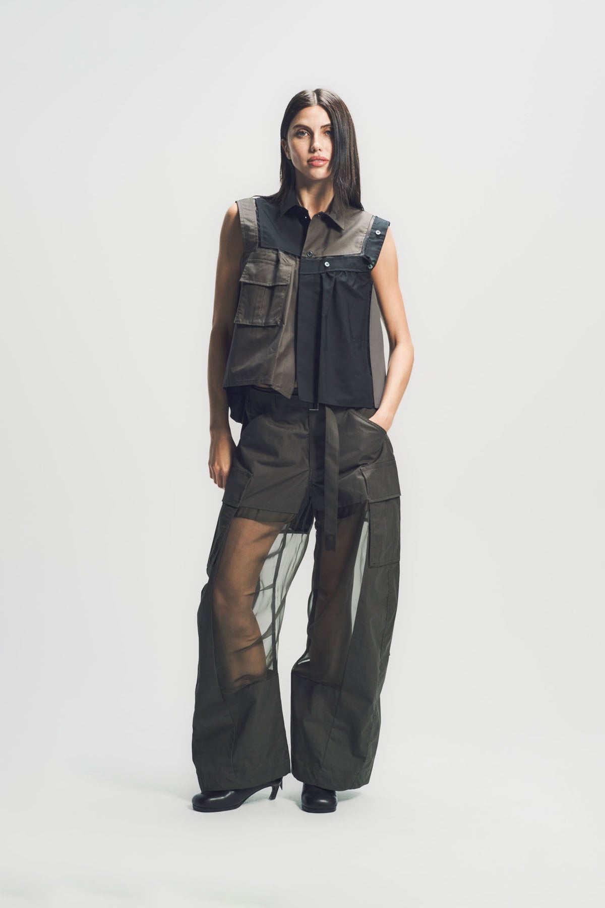 SACAI | CHALK STRIPE & WOOL MELTON SKIRT