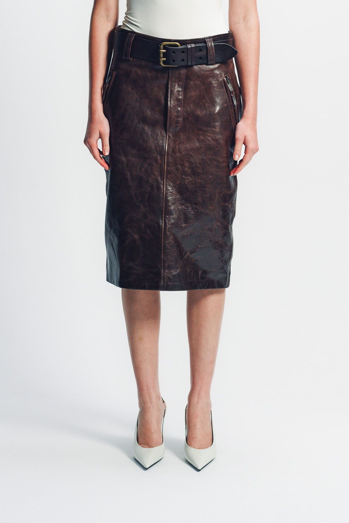 SAINT LAURENT | BELTED PENCIL SKIRT IN CREASED LEATHER