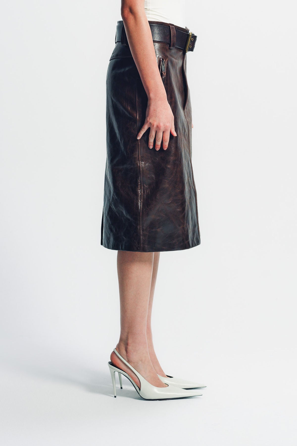 SAINT LAURENT | BELTED PENCIL SKIRT IN CREASED LEATHER