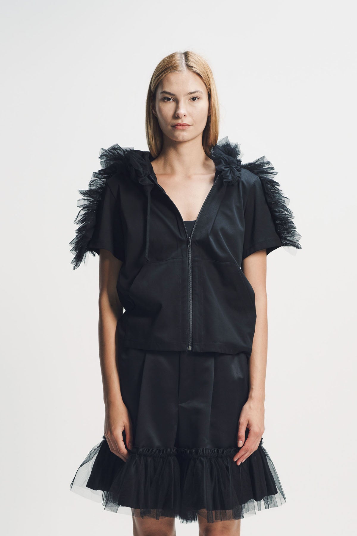 Noir Kei Ninomiya | Zip Tulle Short Sleeve Hoodie
