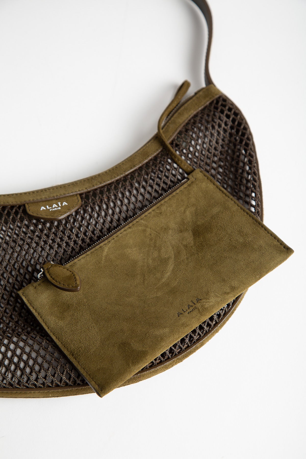 ALAÏA | One Piece Demi Lune Bag In Fishnet And Suede