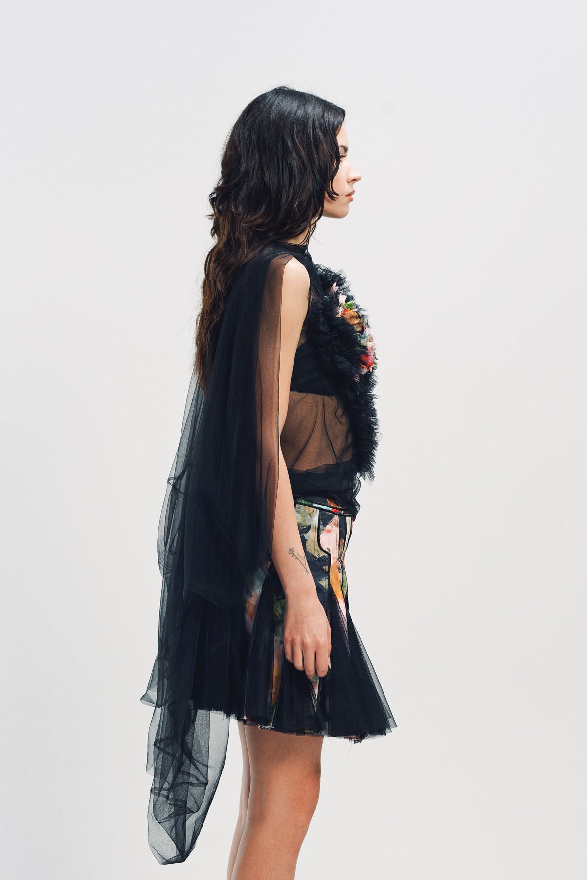 CAROLINE HU | PRINTED RUFFLE TULLE TOP