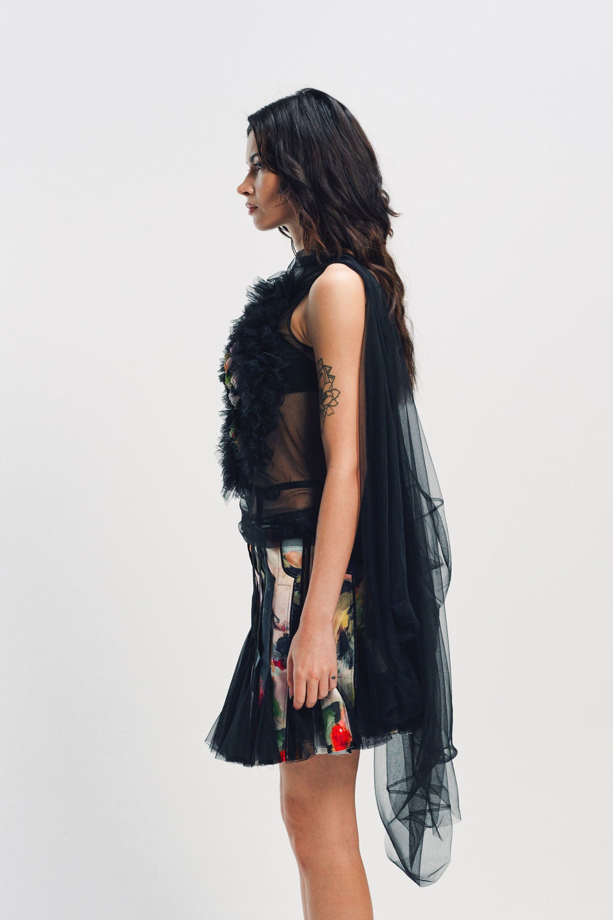 CAROLINE HU | PRINTED RUFFLE TULLE TOP