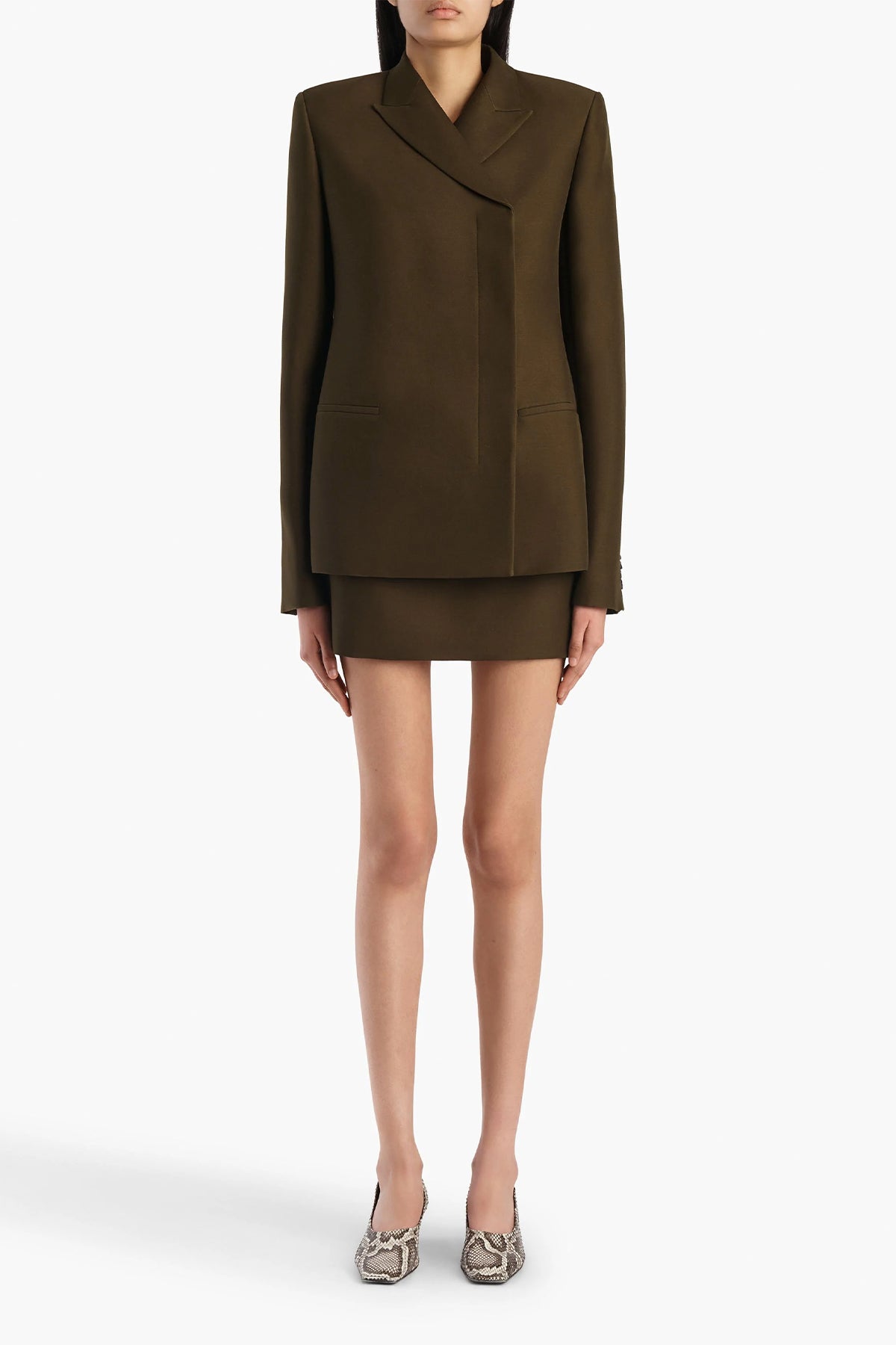 Khaite | Jett Skirt in Dark Olive Wool Silk