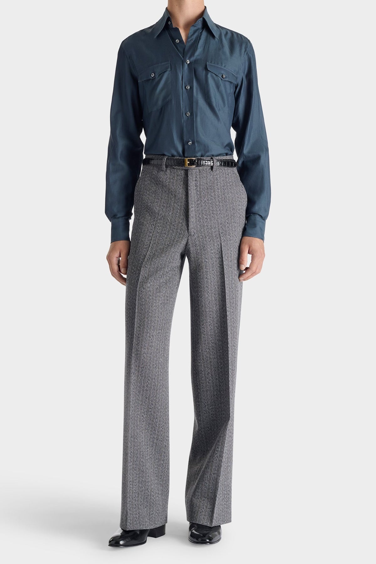 HUSBANDS | Wide Trousers In Grey Herringbone 4-Ply Virgin Wool Twill With Stripes