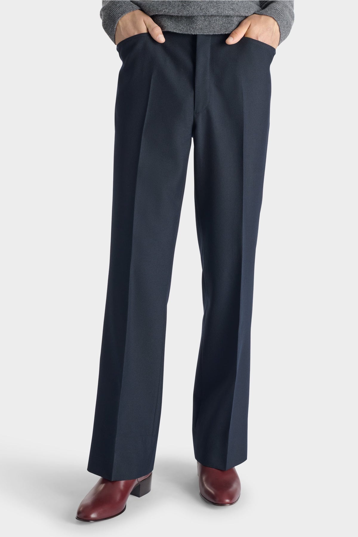 HUSBANDS | Flared Trousers In Navy Poly-Wool Twill