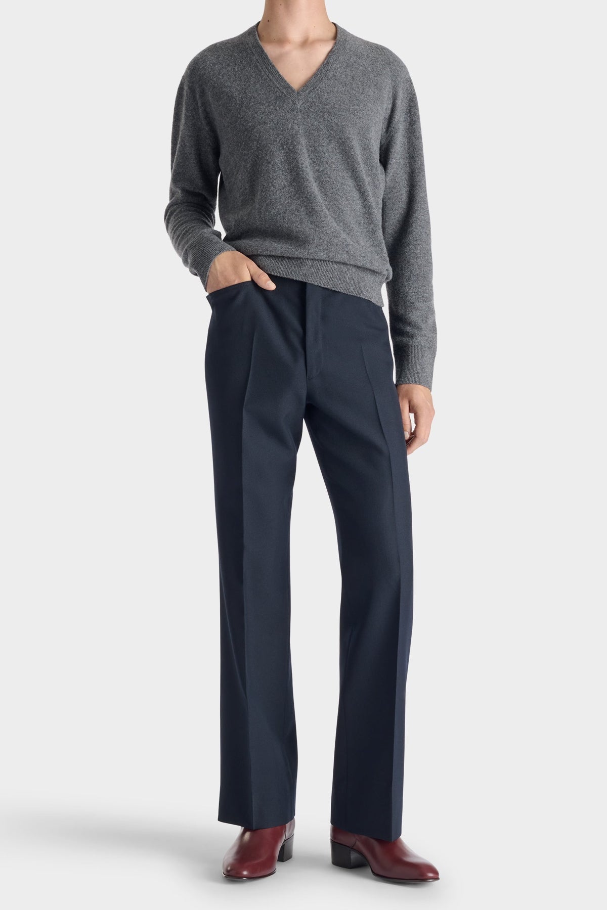 HUSBANDS | Flared Trousers In Navy Poly-Wool Twill