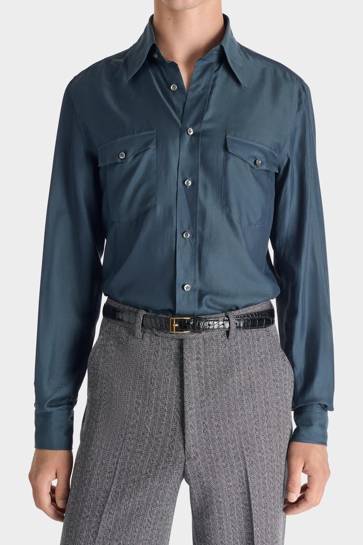 HUSBANDS | Wide-Collar Shirt In Indigo Cotton And Silk Twill