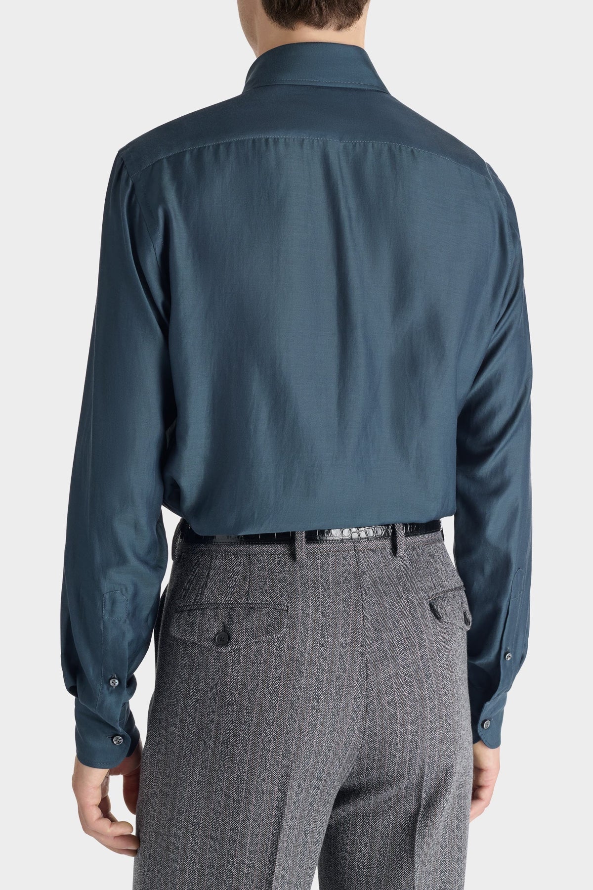 HUSBANDS | Wide-Collar Shirt In Indigo Cotton And Silk Twill