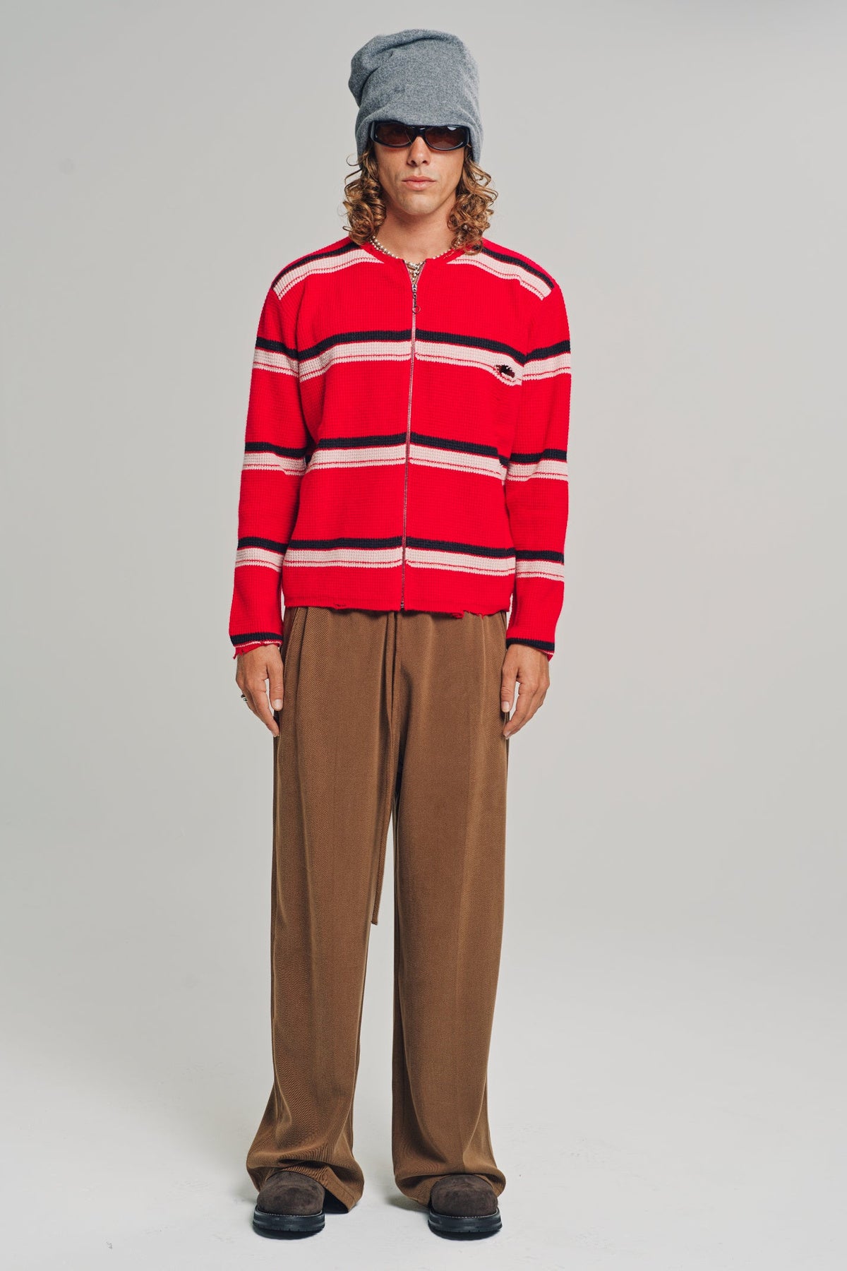 Second/Layer | Friends Zip Up Waffle Knit Sweater in Red Stripe