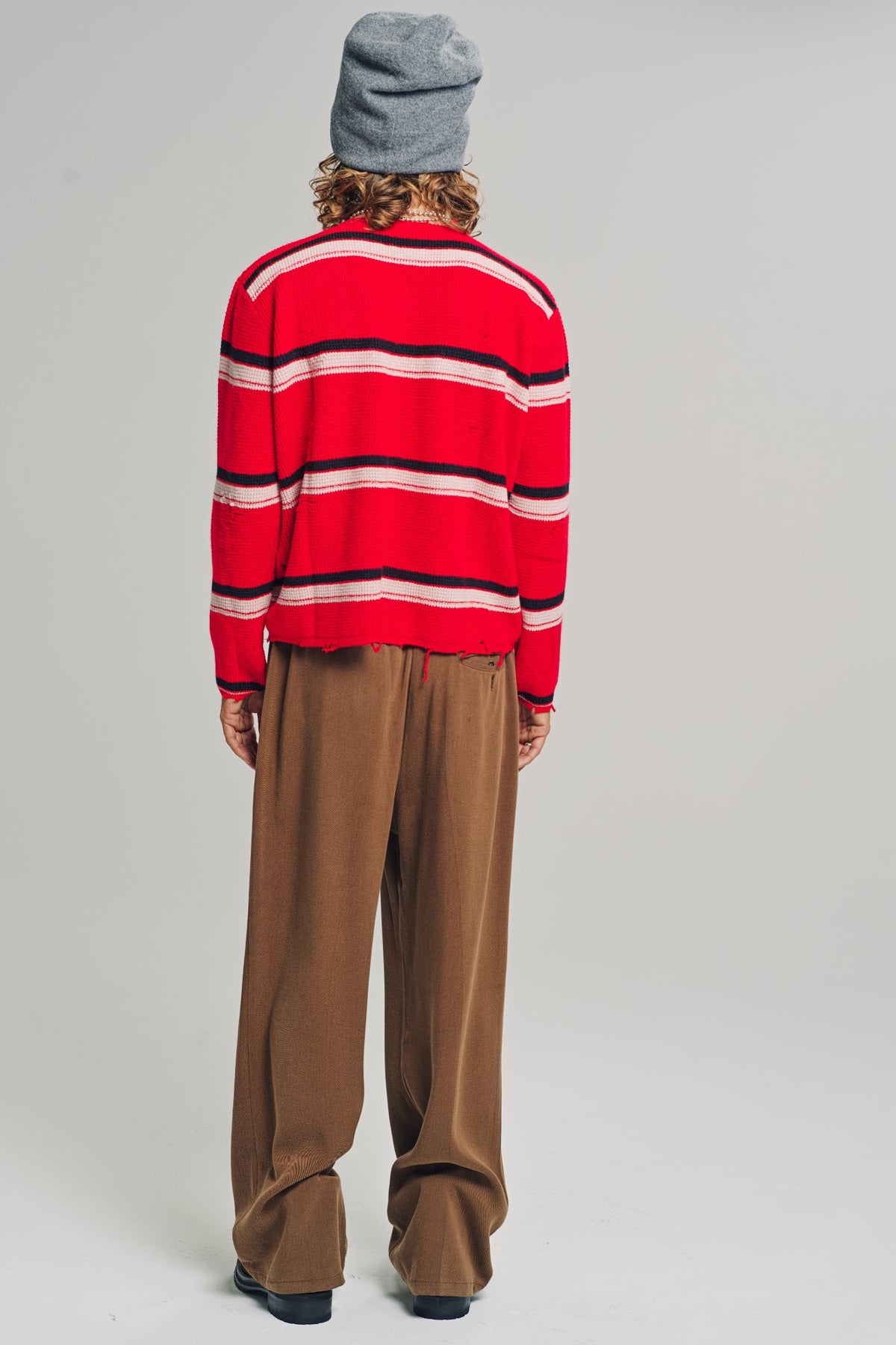 Second/Layer | Friends Zip Up Waffle Knit Sweater in Red Stripe