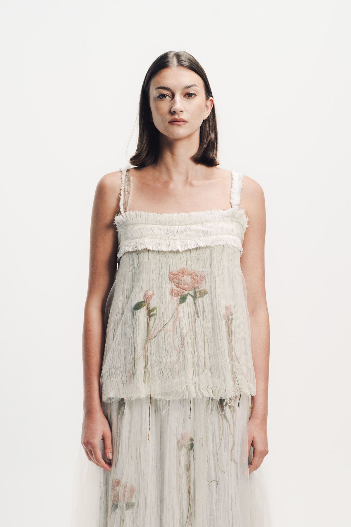 Caroline Hu | Flower Embroidered Pleated Top