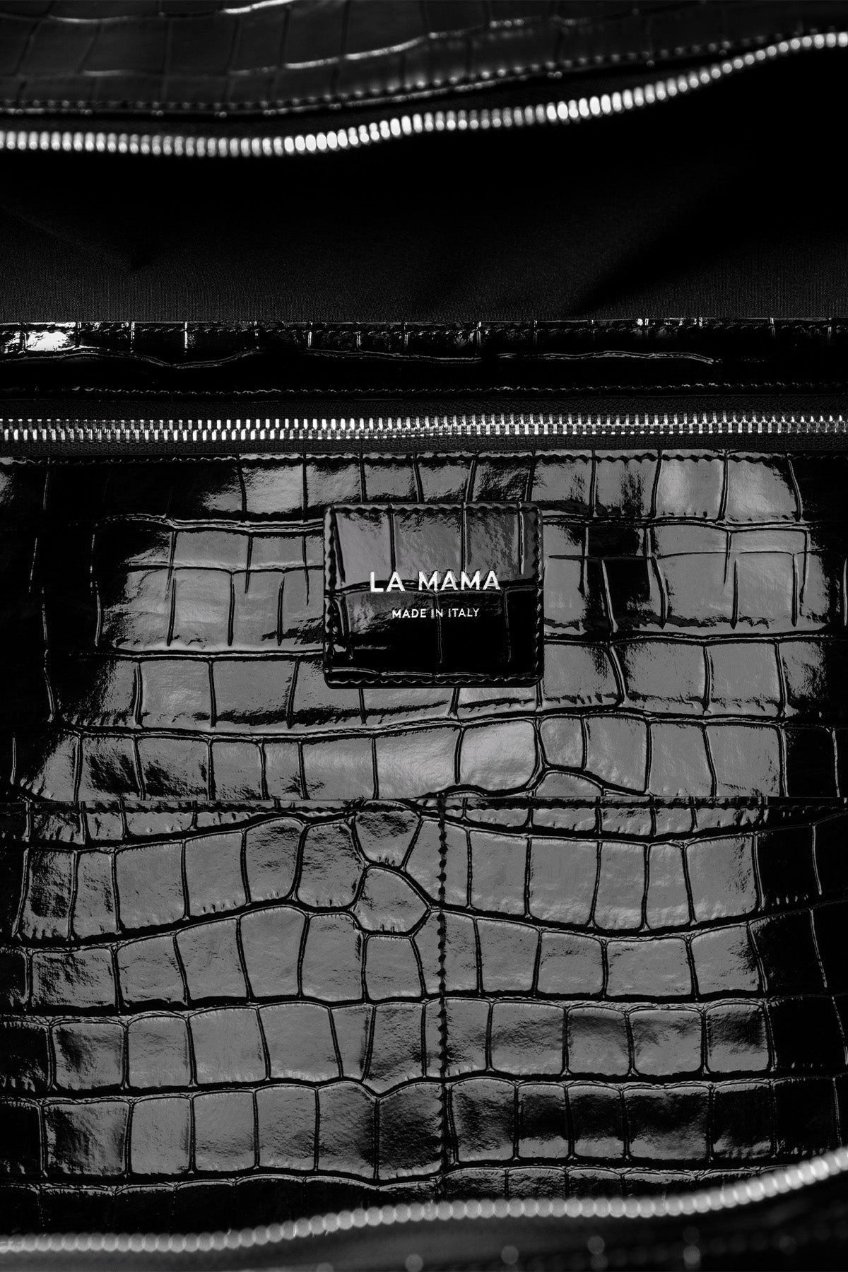 LA MAMA | LM1 Black Lacquer Croc-Embossed Bag
