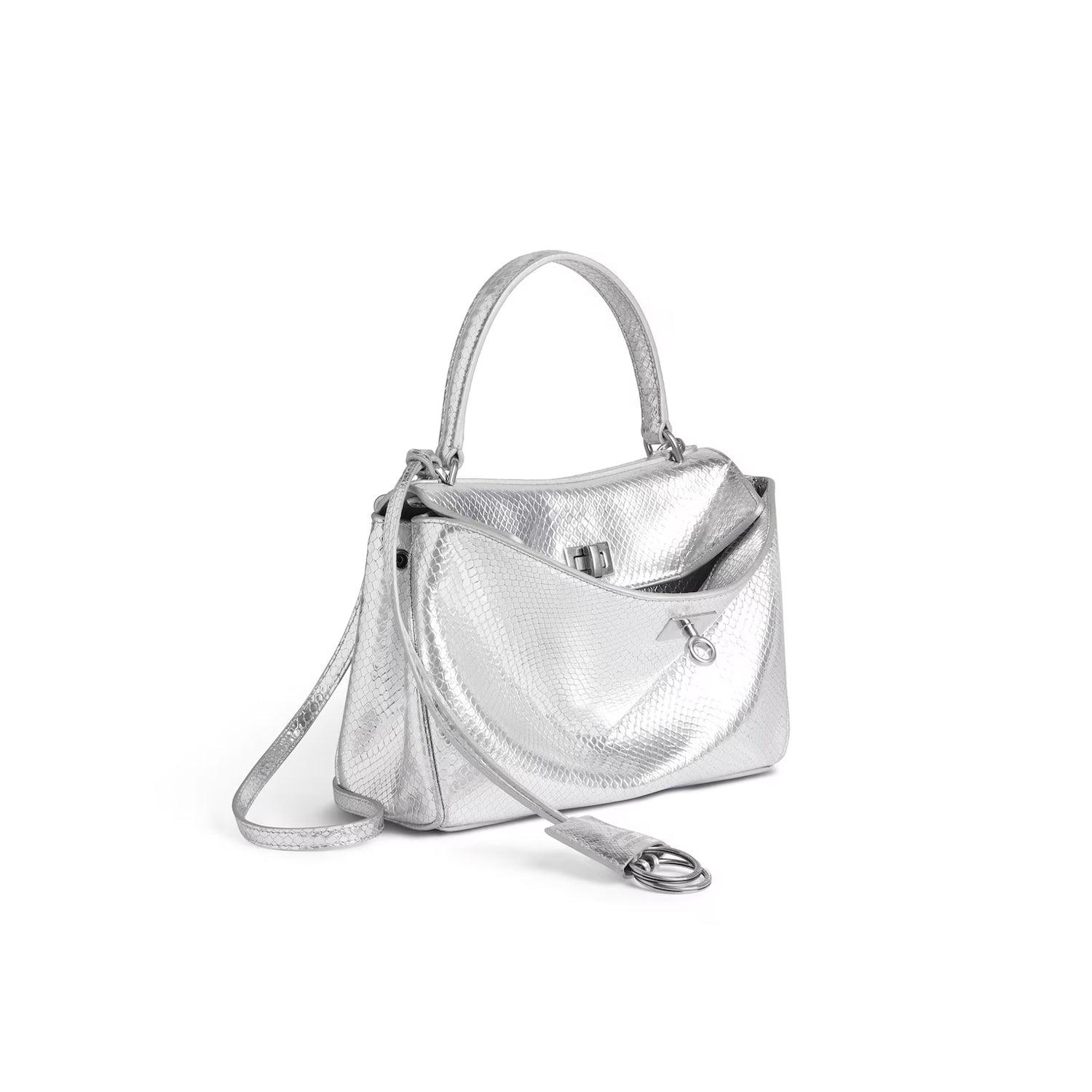 Silver Balenciaga rodeo mini handbag with a shoulder strap on a white background